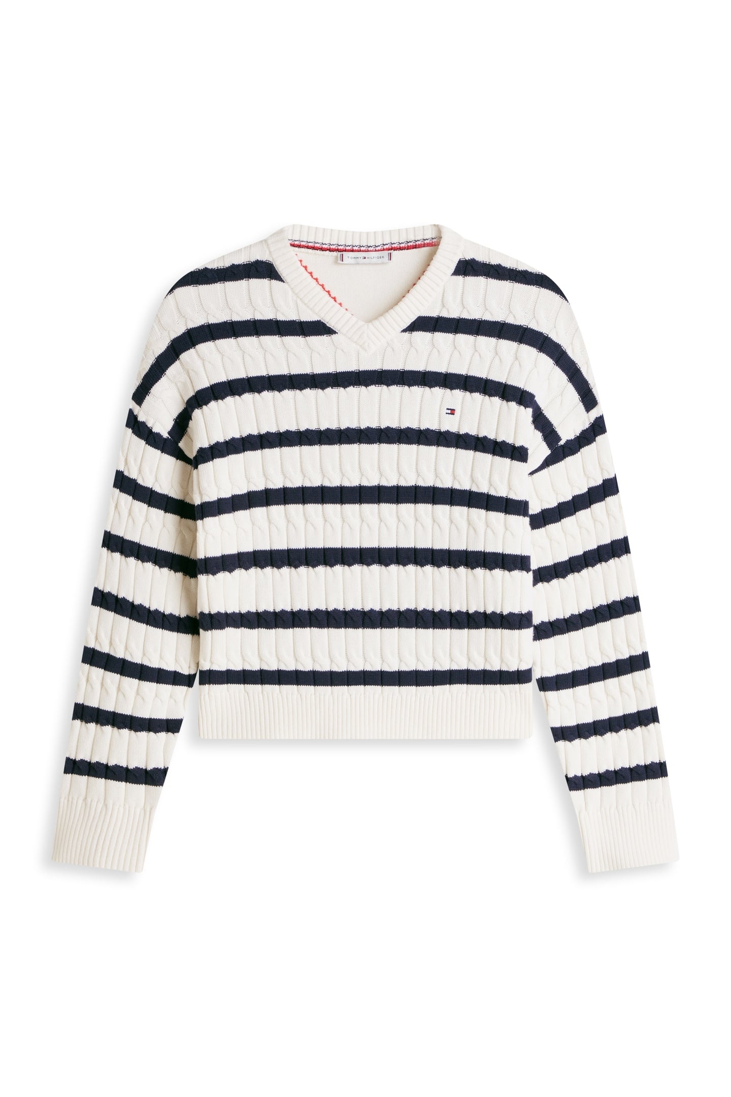 CABLE-KNIT V-NECK SWEATER IVORY PETAL/DARK NAVY 5