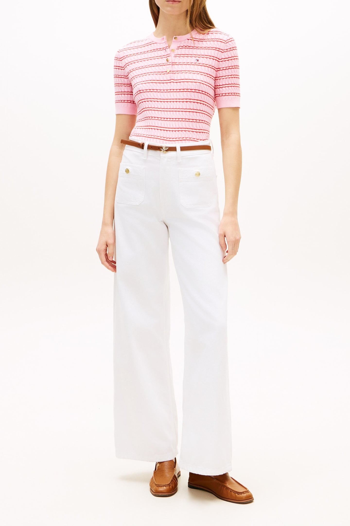 CABLE KNIT CREW NECK TOP PREPPY CLASSIC PINK 1