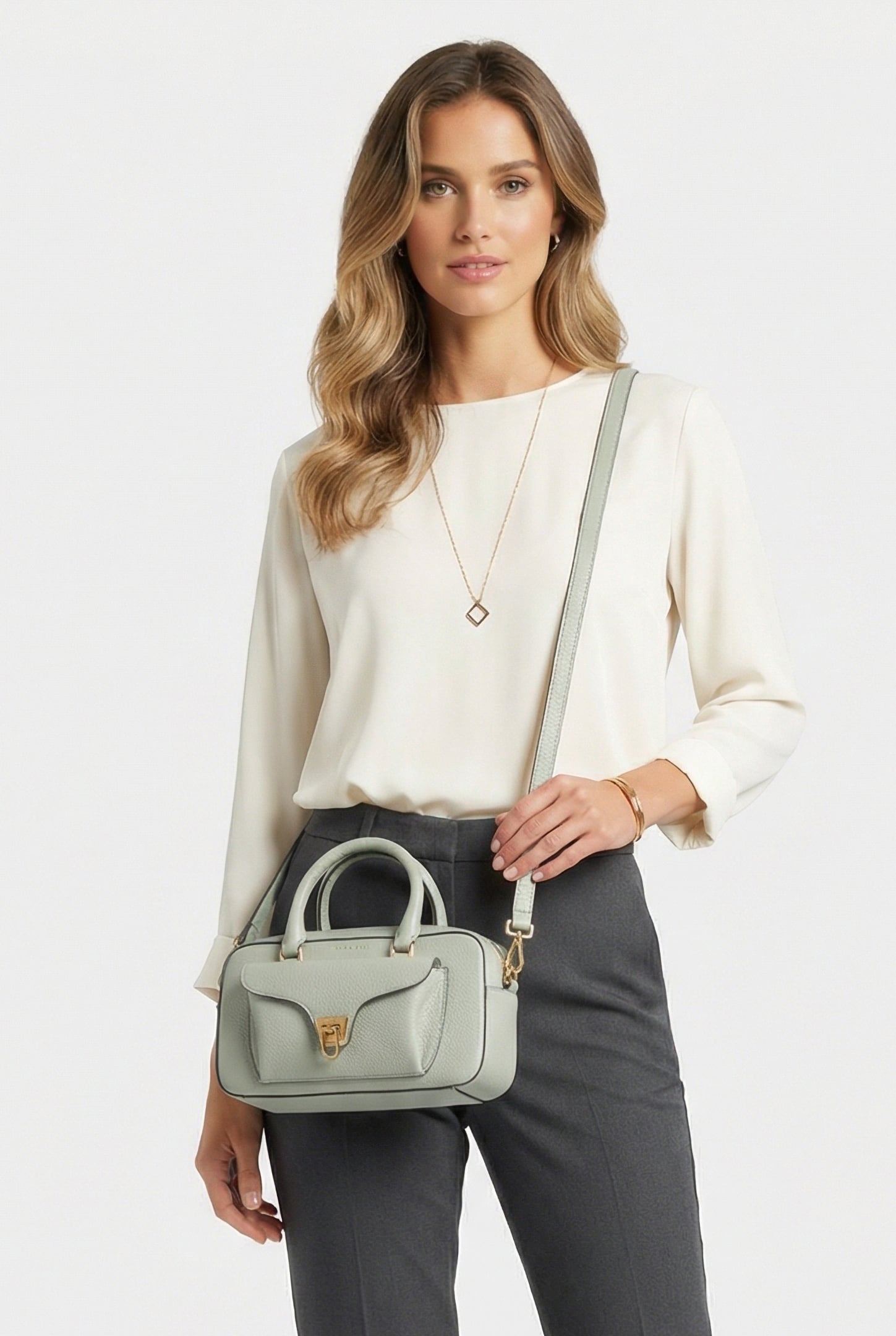 LEATHER CROSS BODY BAG IN MINT GREEN 1