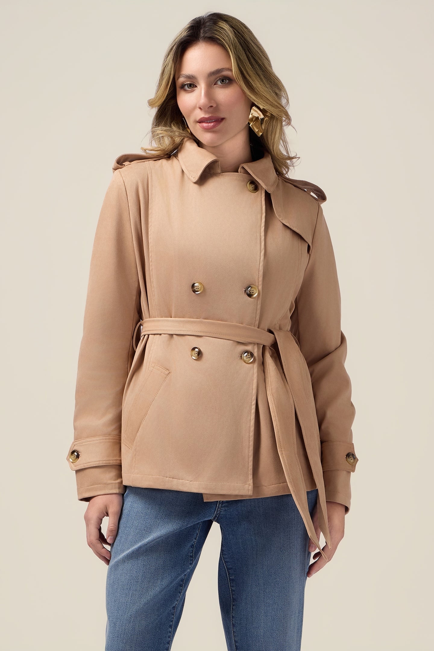 SHORT SUEDE-EFFECT TRENCH COAT BEIGE 3