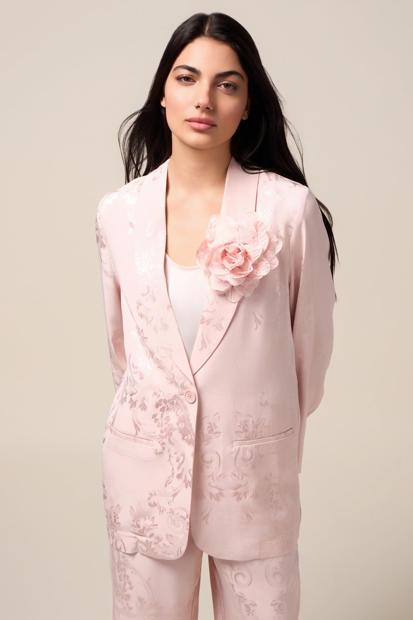 JACQUARD BLAZER WITH BROOCH PINK 1
