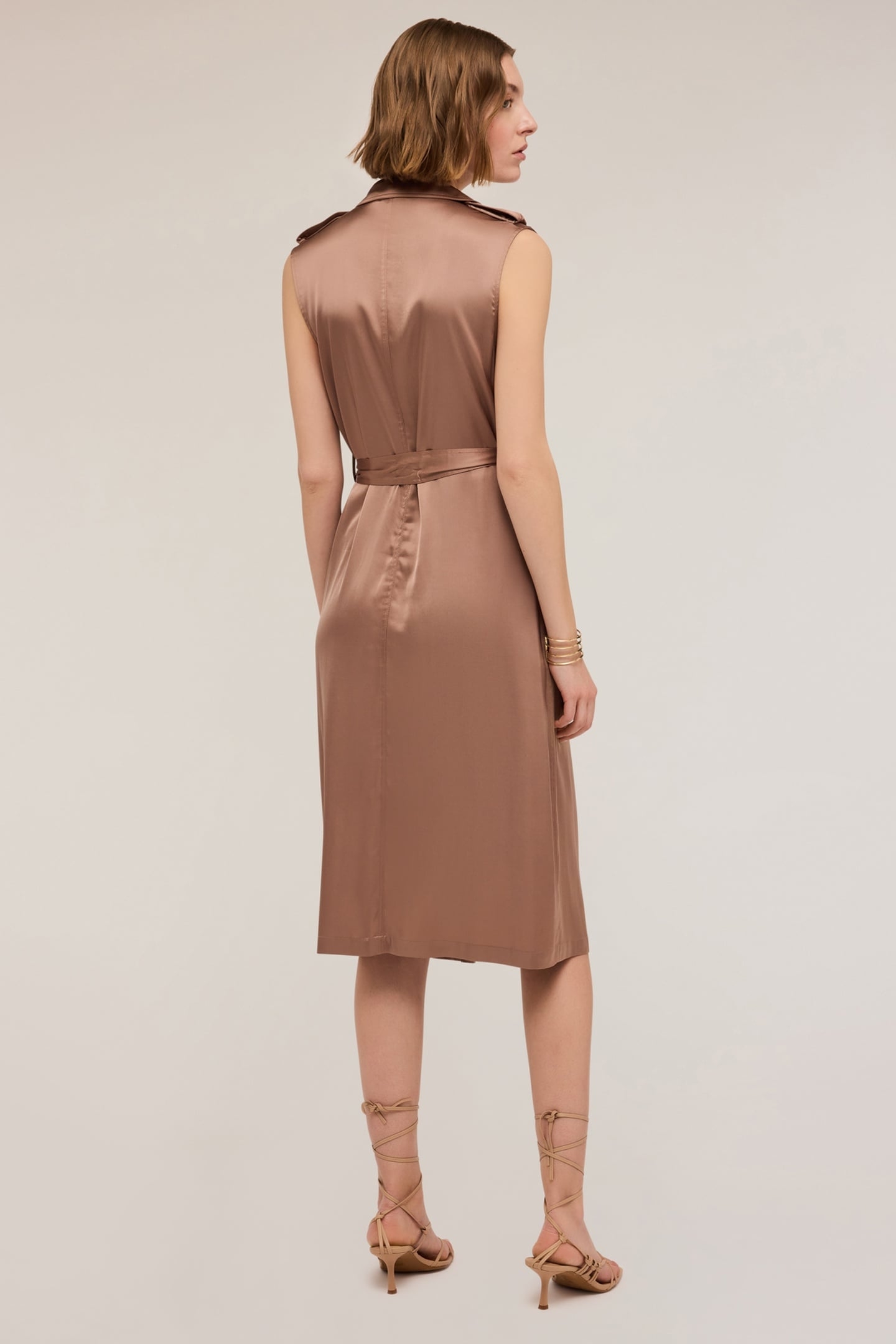 DOUBLE BREASTED SHINY SATIN DRESS BROWN 2