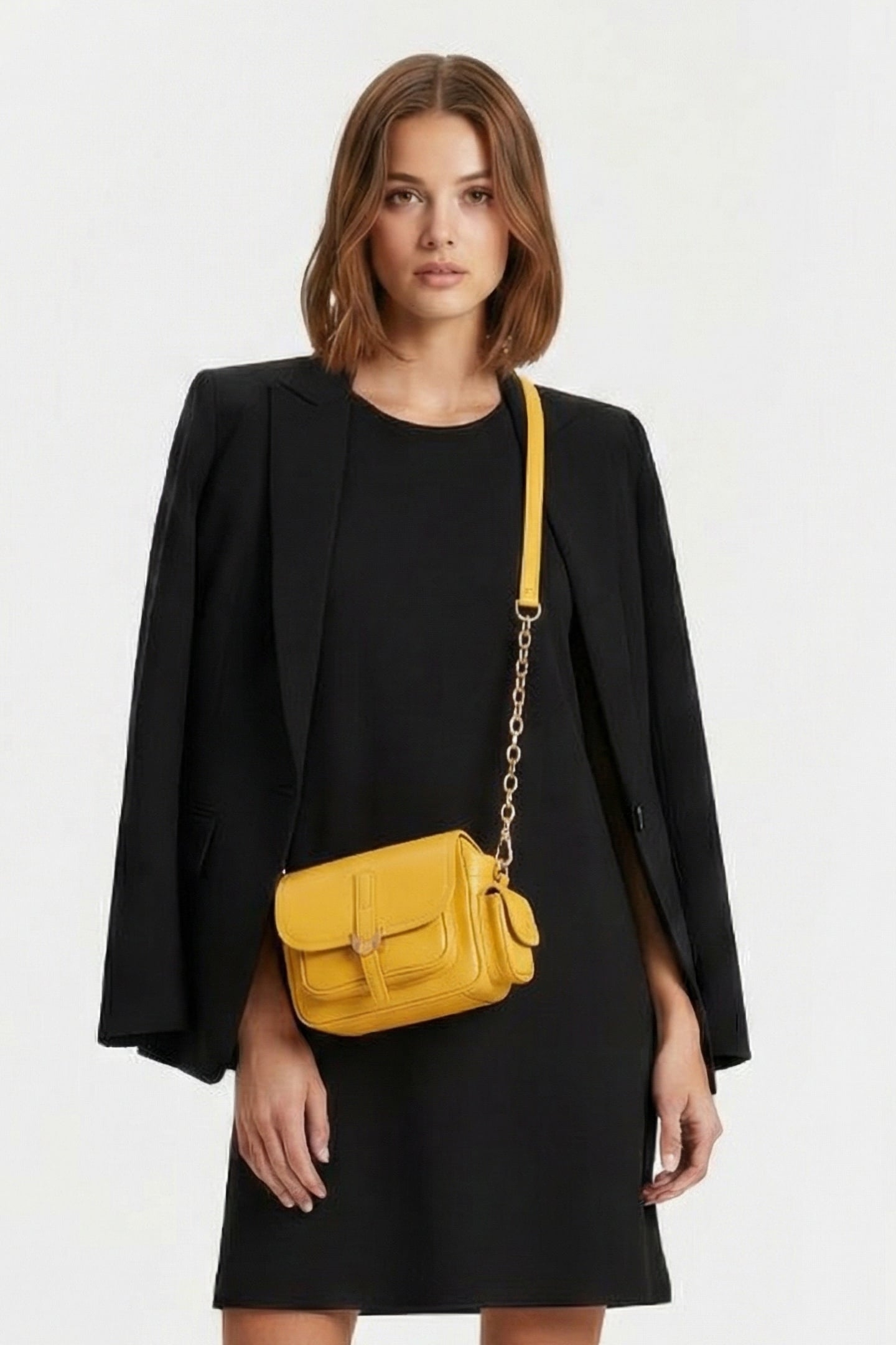 LEATHER CROSS BODY BAG WITH CHAIN STRAP IN YELLOW 1