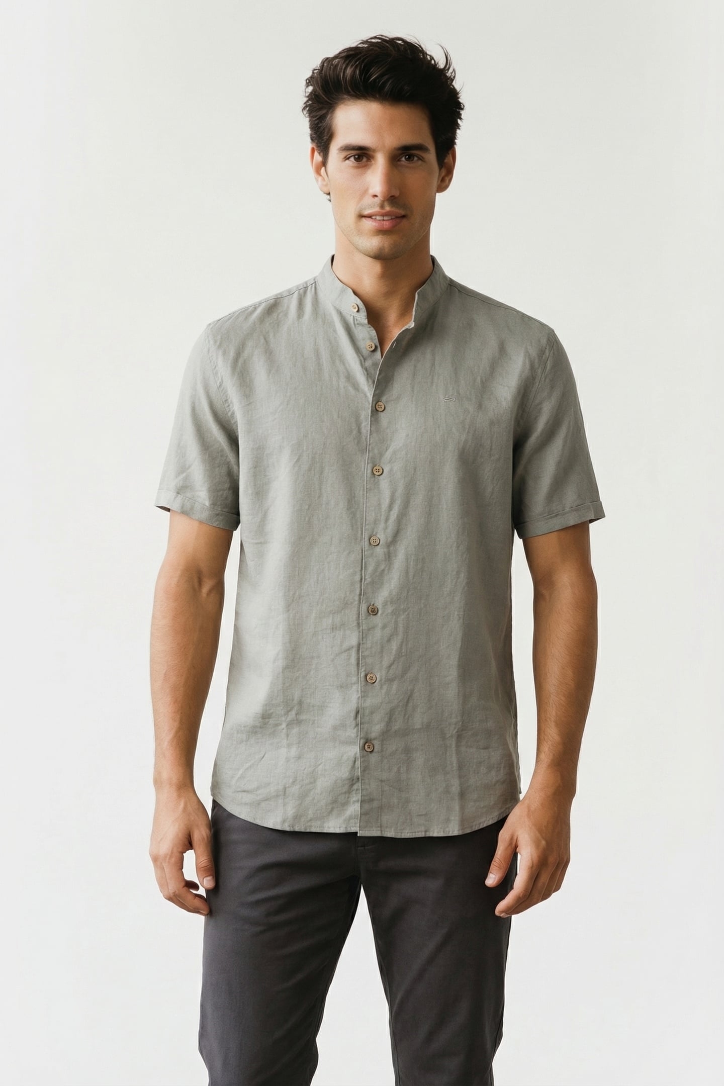 SHIRT SHORT SLEEVE GRANDDAD SOLID WITH LINEN LIGHT ARMY 2