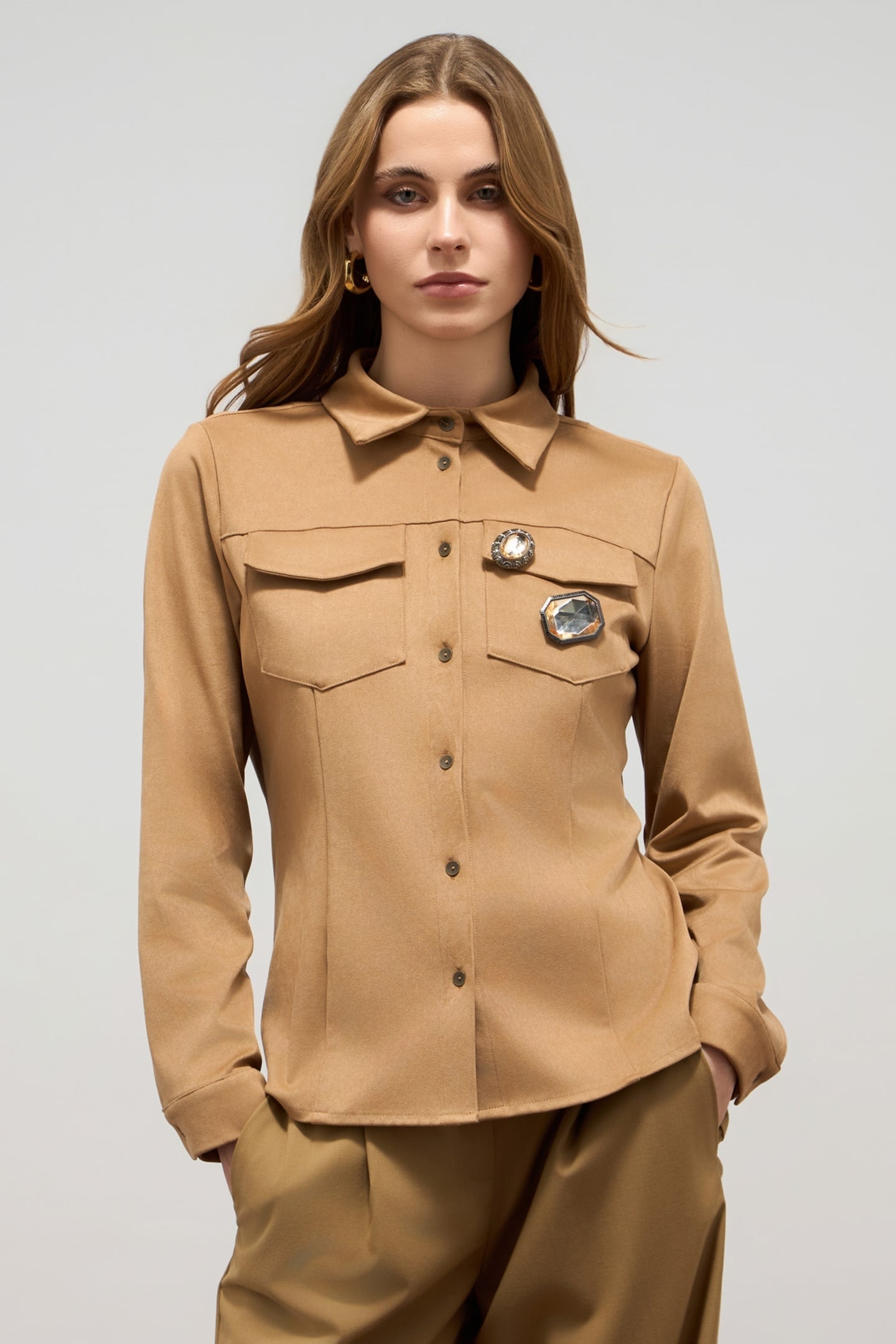 SUEDE-EFFECT SHIRT WITH PINS BROWN 2