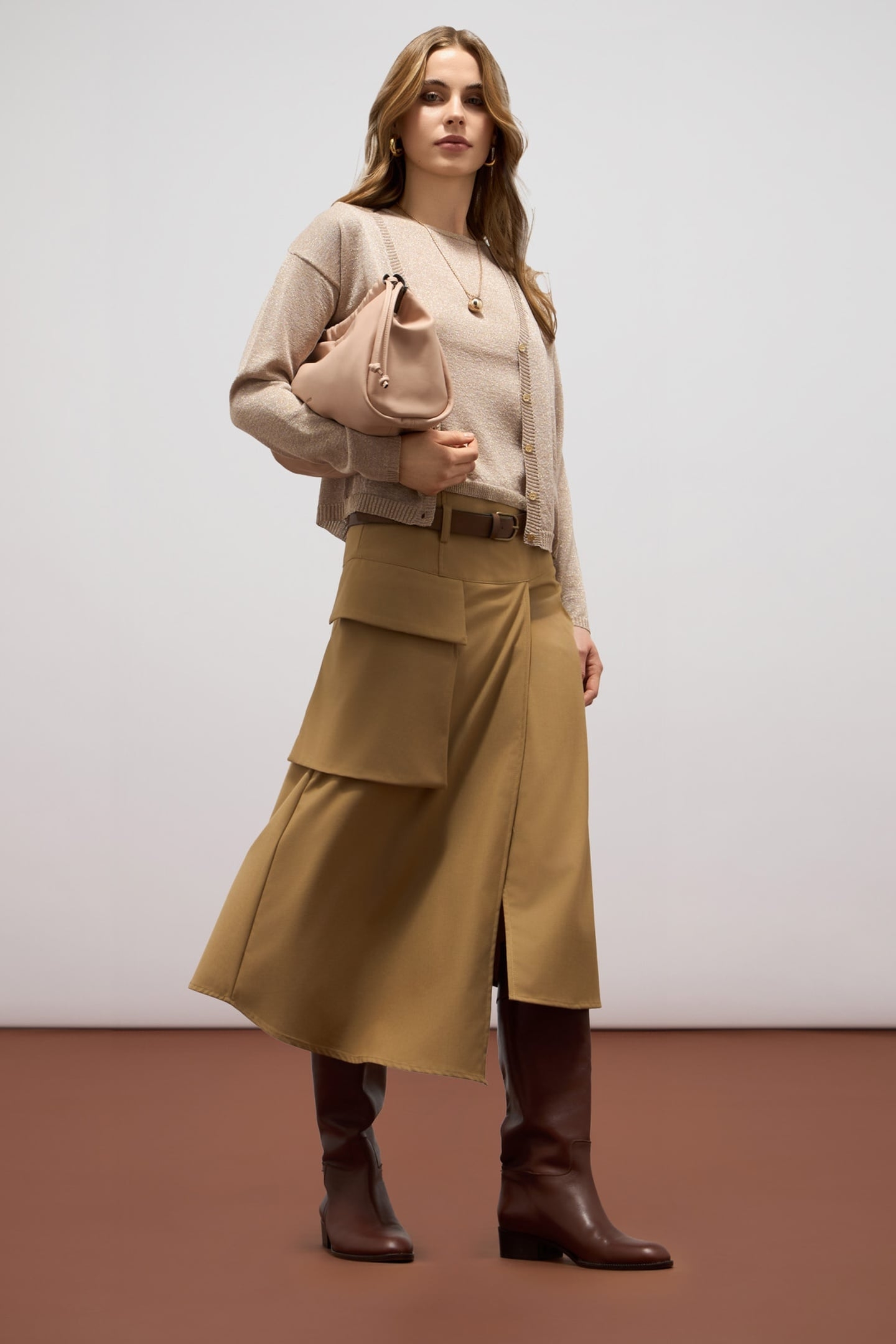 FLUID MIDI A-LINE SKIRT WITH PANEL BROWN 1