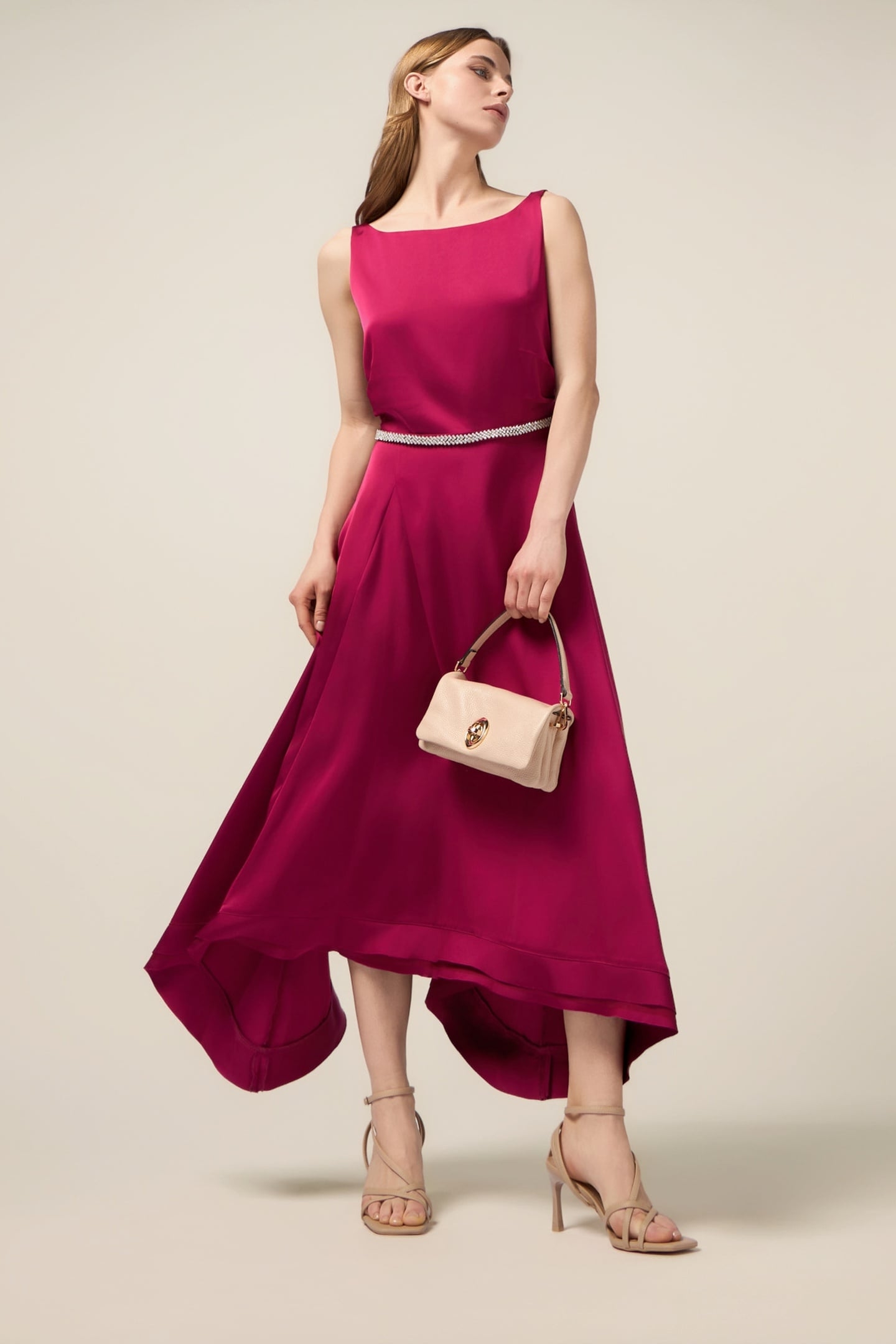 LONG SATIN DRESS WITH JEWELED BELT FUCHSIA 1