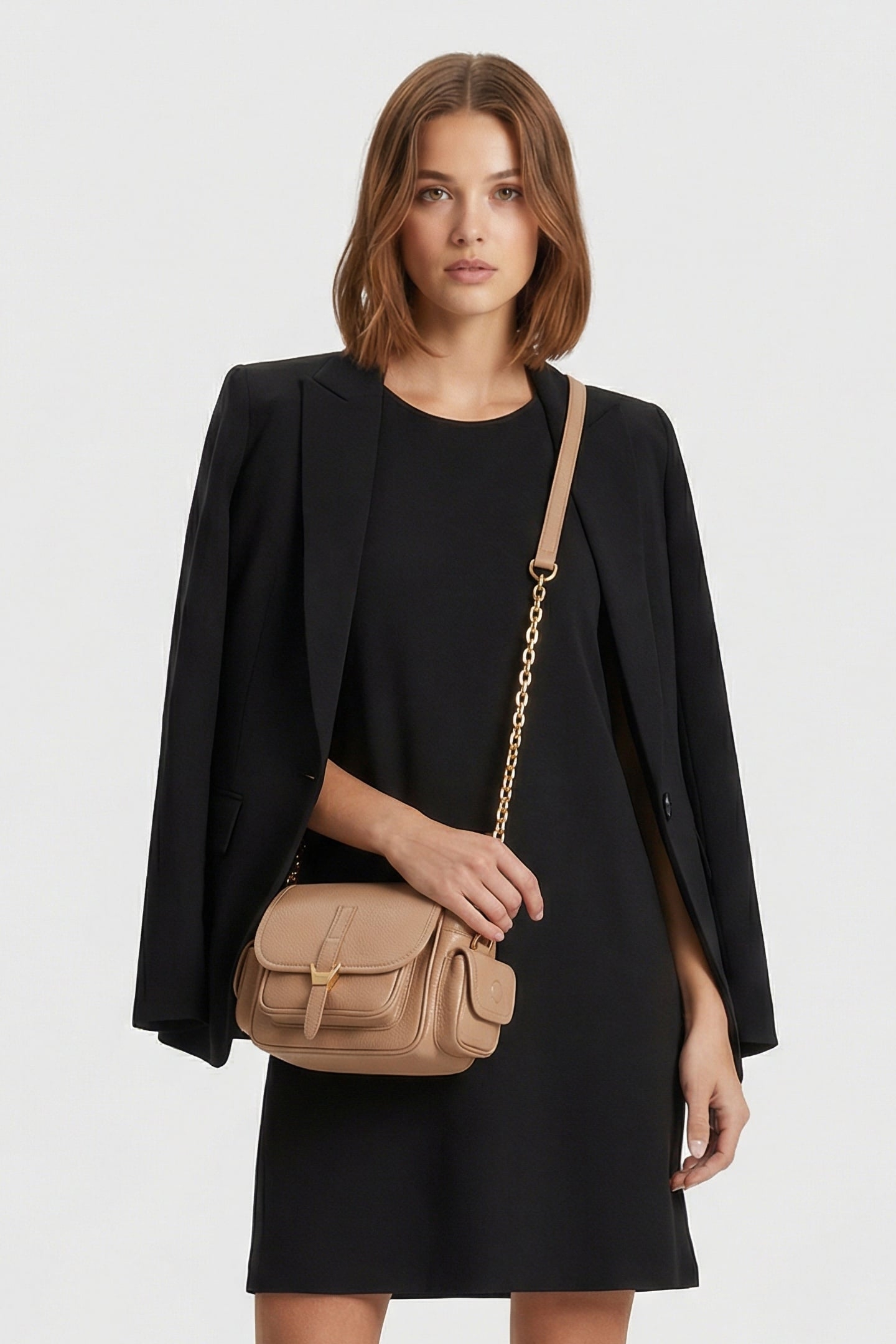 LEATHER CROSS BODY BAG WITH CHAIN STRAP IN BEIGE 1