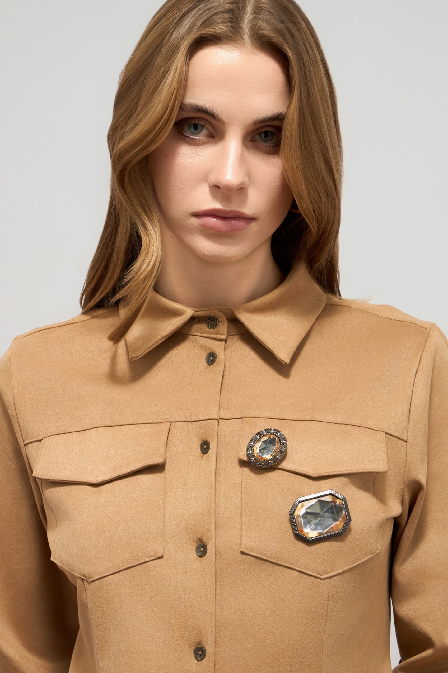 SUEDE-EFFECT SHIRT WITH PINS BROWN 1