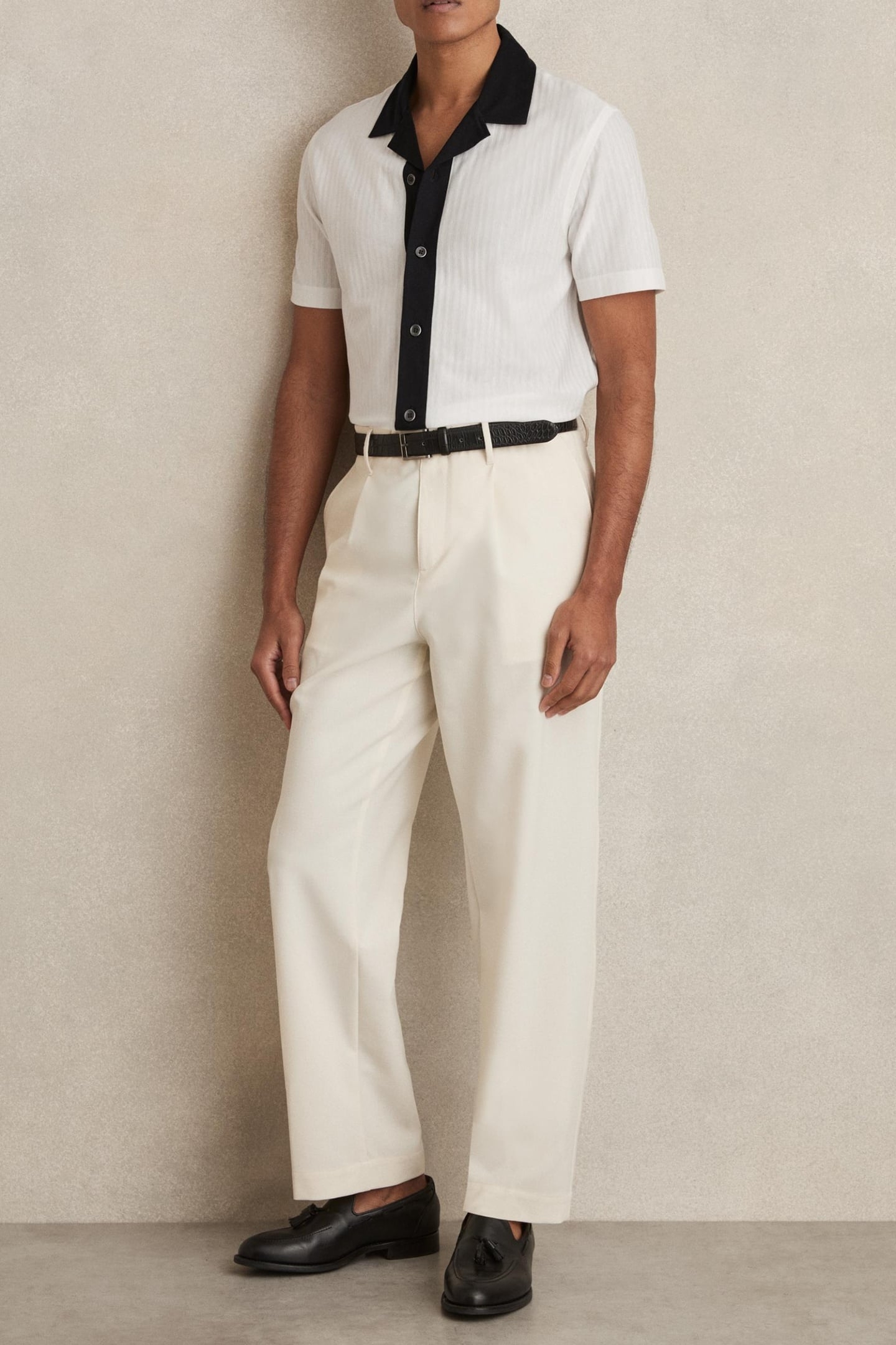 SS TEXTURED COLOUR BLOCK CUBAN SHIRT WHITE/NAVY 1