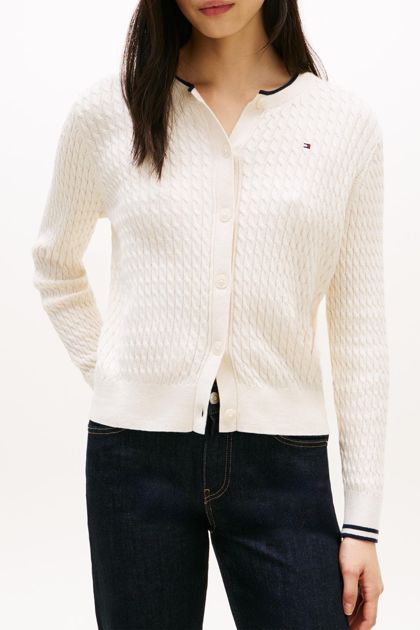 CABLE KNIT CARDIGAN IVORY PETAL TIPPING 1