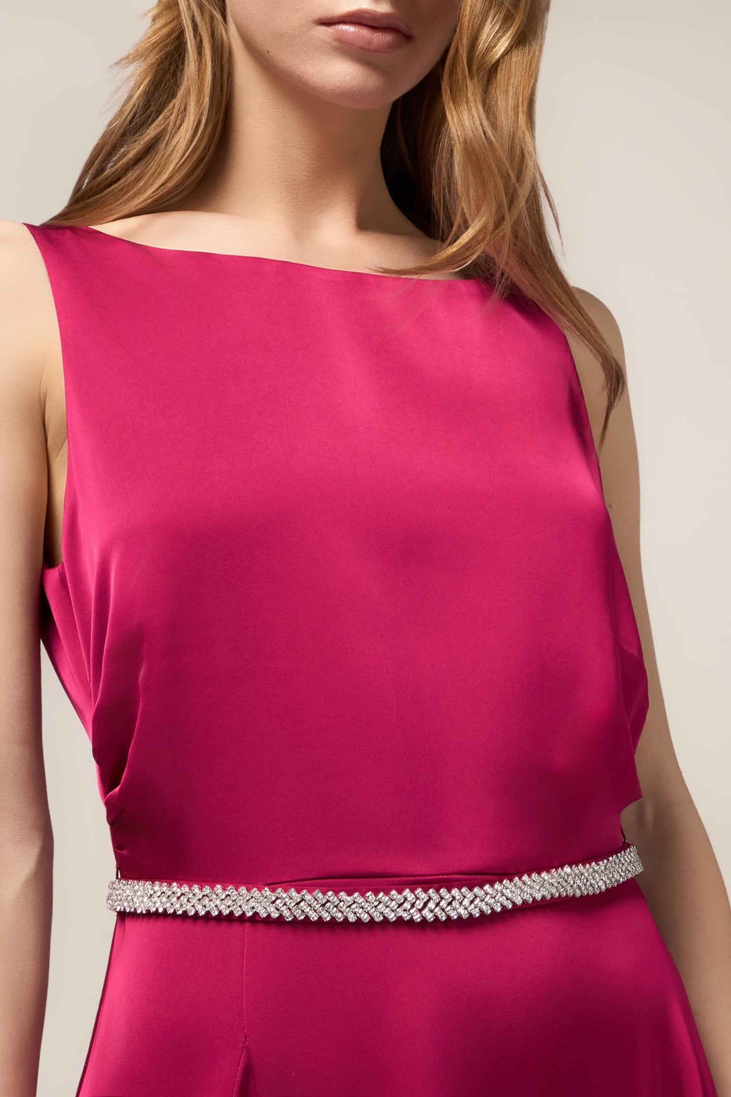 LONG SATIN DRESS WITH JEWELED BELT FUCHSIA 5