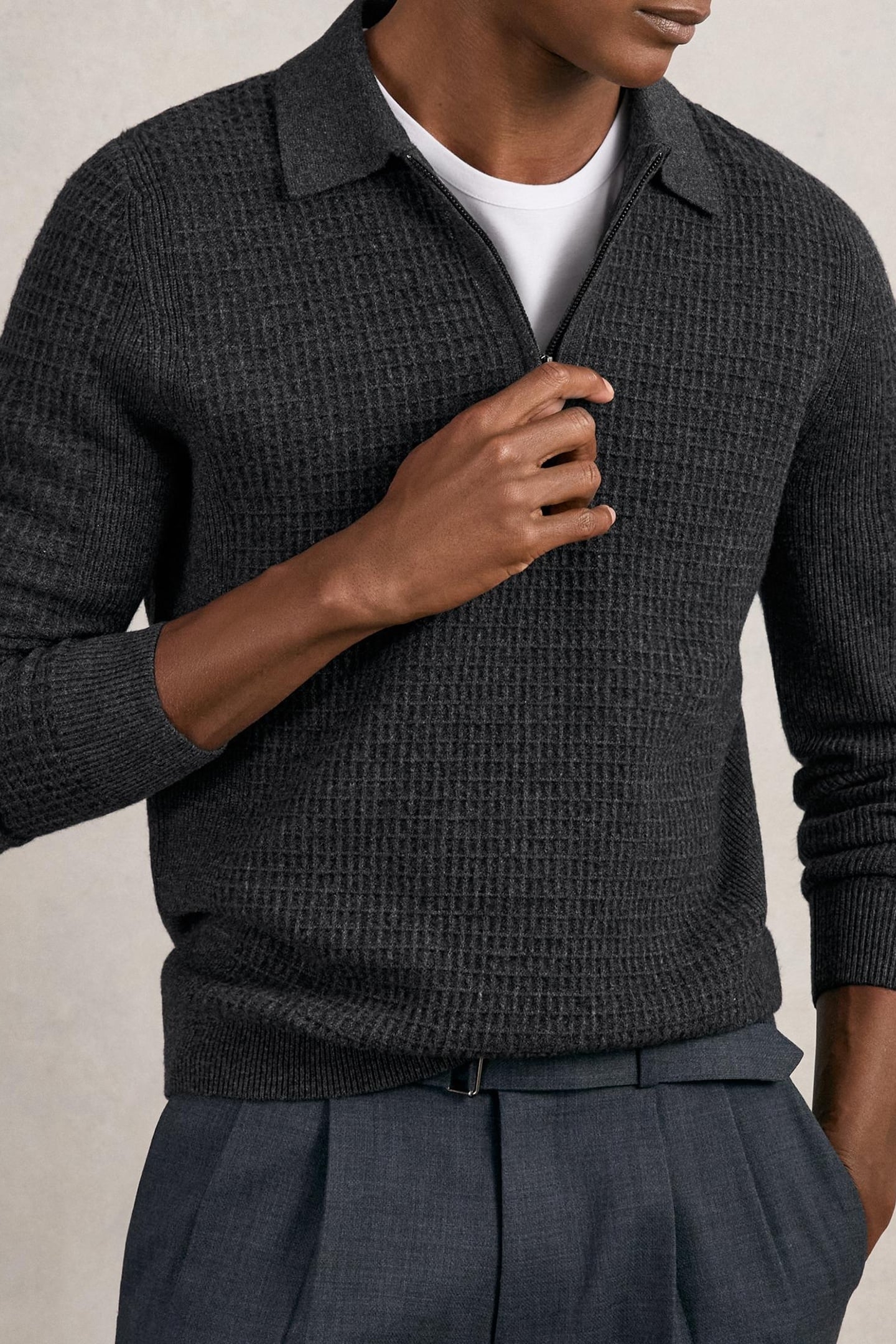 LS HALF ZIP SQUARE TEXTURED POLO CHARCOAL GREY 6