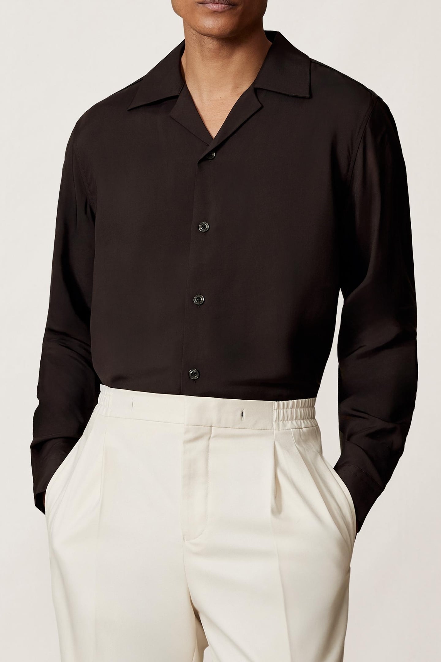 LS TWILL PIPED CUBAN SHIRT CHOCOLATE BROWN 1