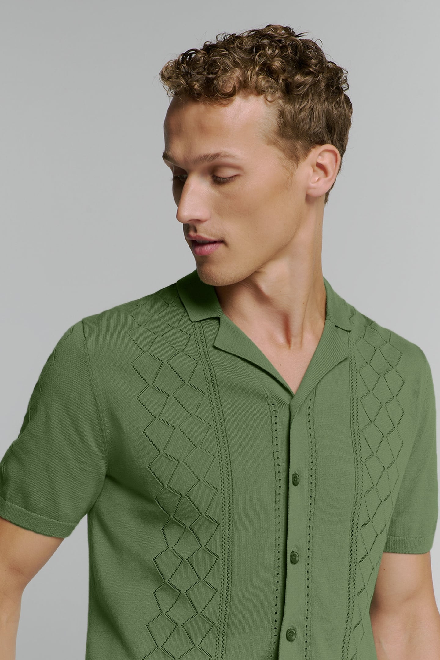 PULLOVER SHORT SLEEVE FULL BUTTON POLO SOLID JACQUARD GREEN 3