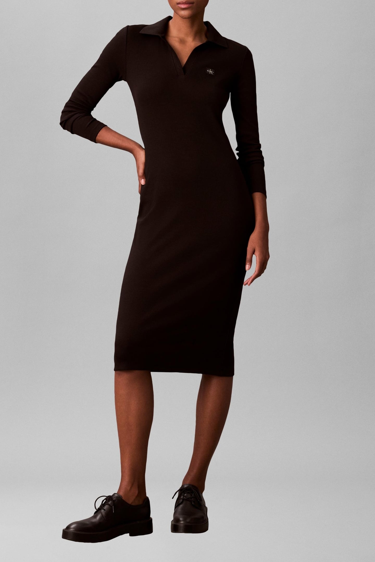 LS WOVEN LABEL JOHNNY COLLAR MIDI DRESS BLACK 1