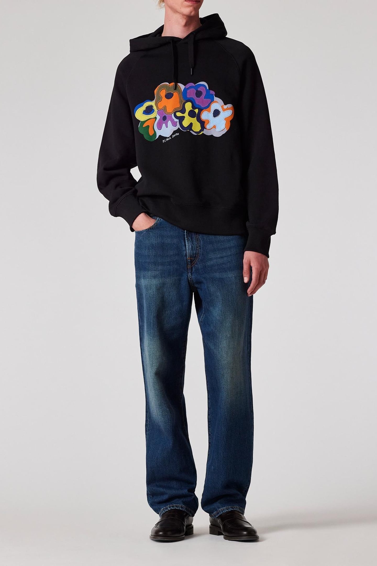 REG FIT LS HOODIE FLORAL MOTIF BLACK 2