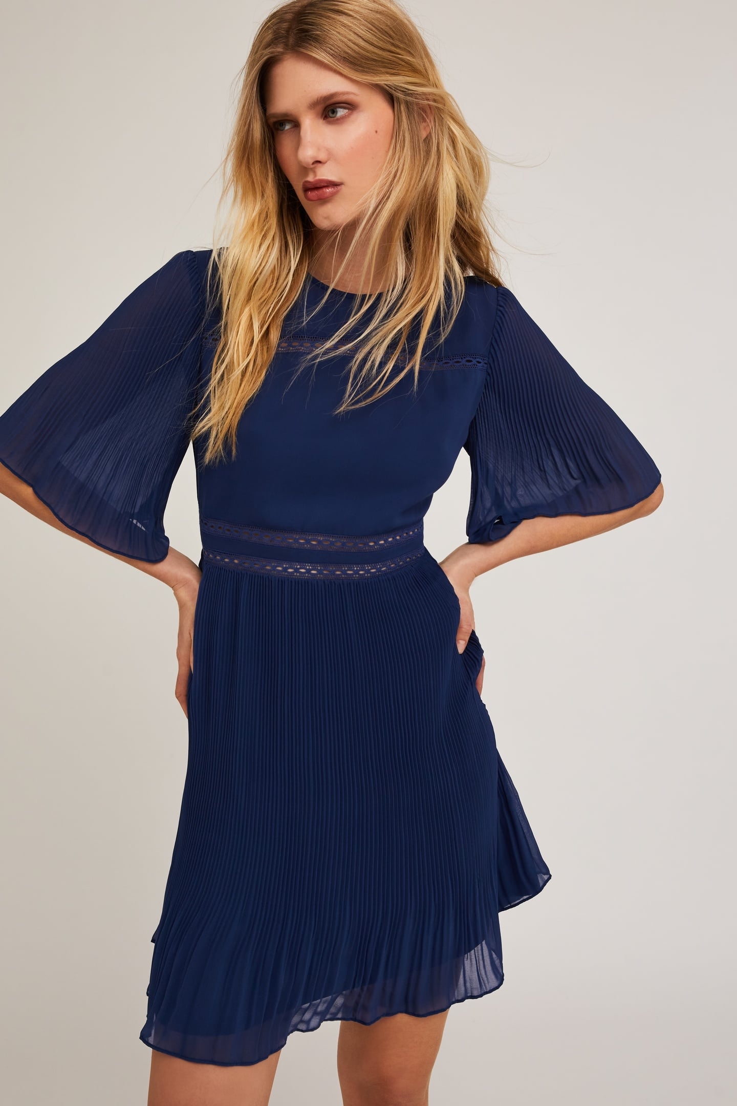 EMBROIDERED DRESS WITH PLEATED DETAILS BLUE 1