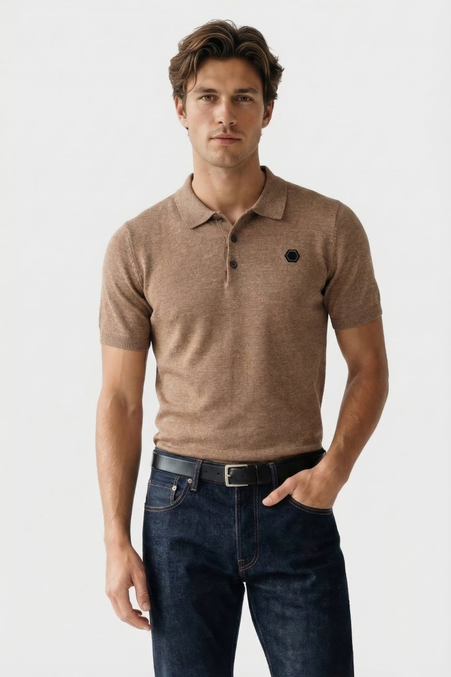 PULLOVER SHORT SLEEVE POLO MELANGE WITH LINEN KHAKI 1
