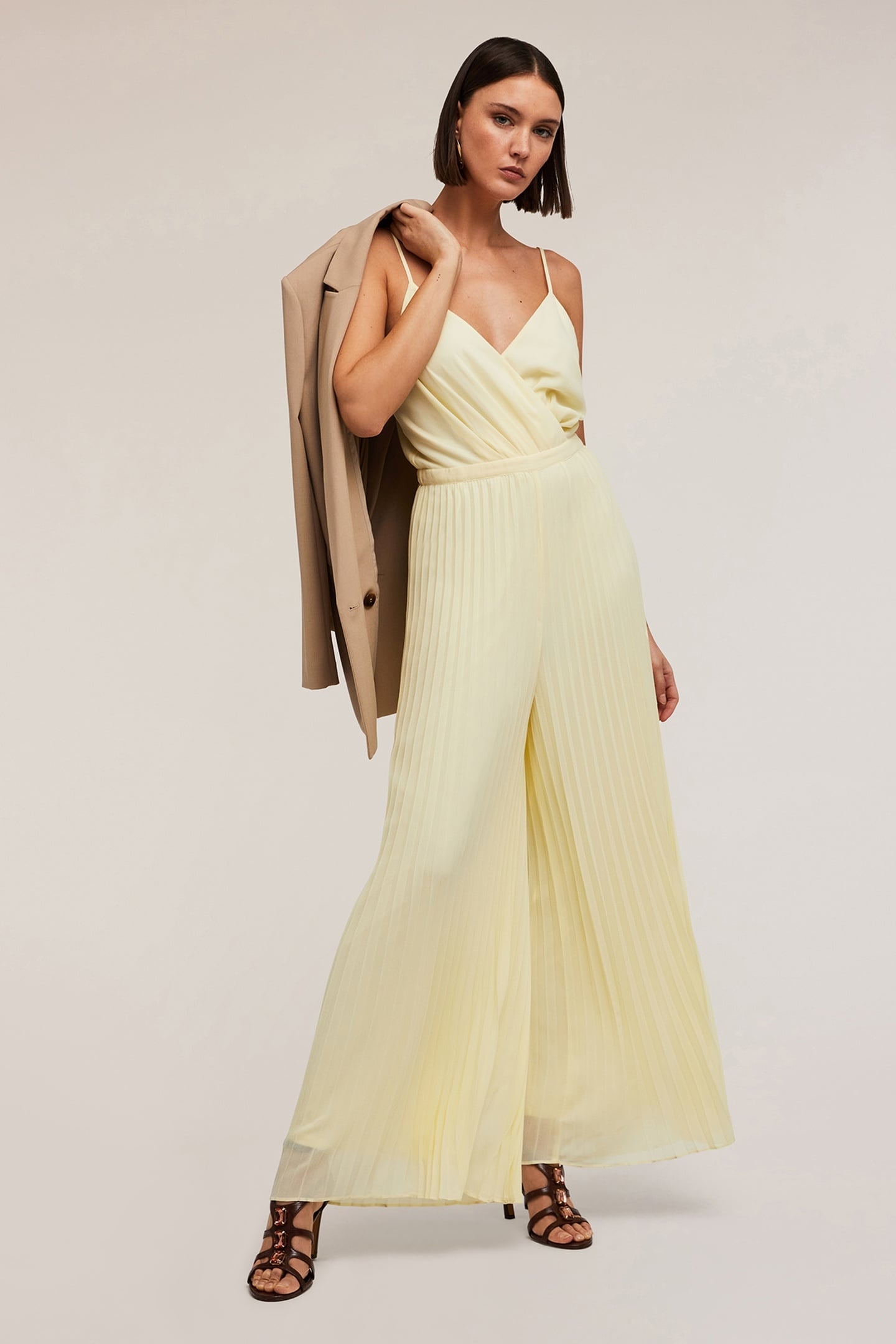 LONG SATIN PLEATED JUMPSUIT YELLOW 1