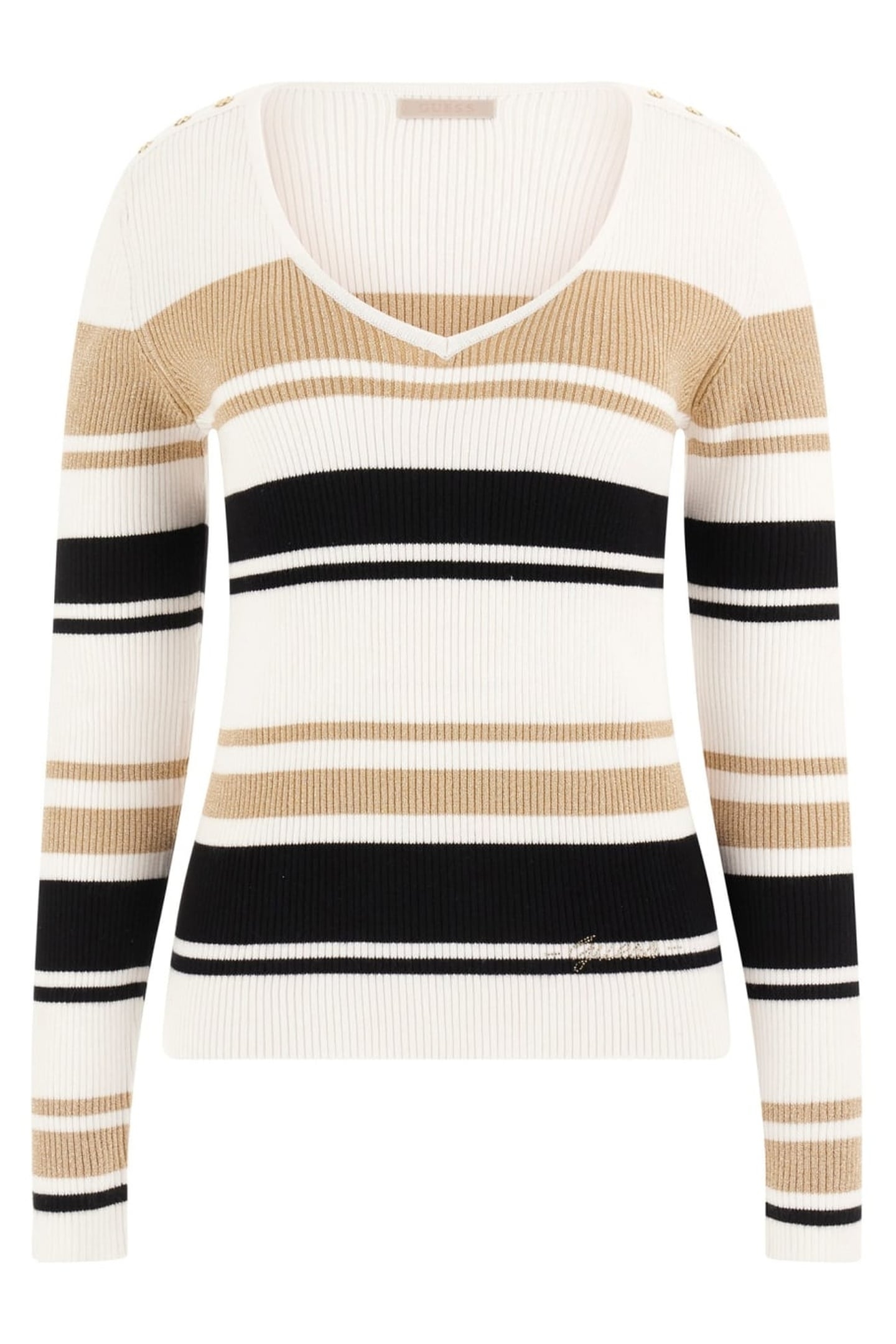 GUESS ECO EVIE STRIPED VN LS S WHITE BLACK GOLD STR 1