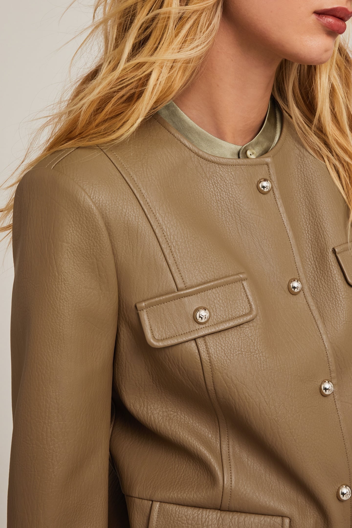 COLLAR-LESS JACKET IN COATED FABRIC BEIGE 4