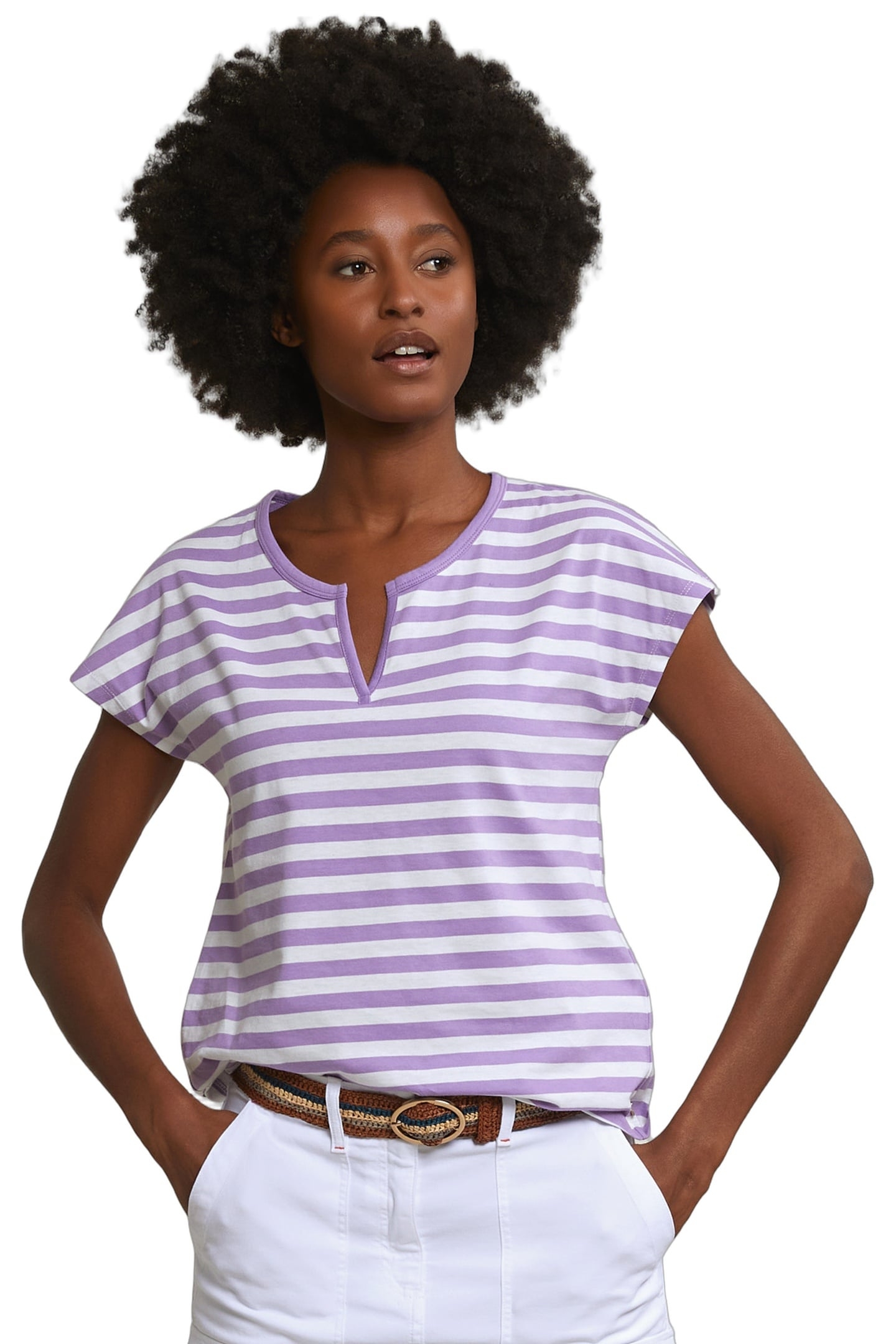 PURPLE/WHITE STRIPED V-NECK T-SHIRT 1