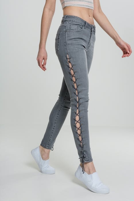 LADIES DENIM LACE UP SKINNY PANTS GREY 3
