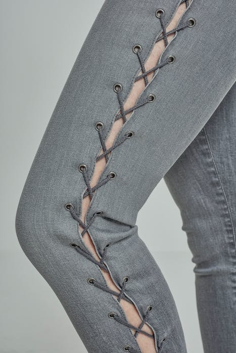 LADIES DENIM LACE UP SKINNY PANTS GREY 6