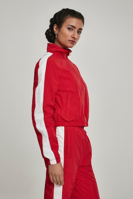 LADIES SHORT STRIPED CRINKLE TRACK JACKET RED/WHT 2