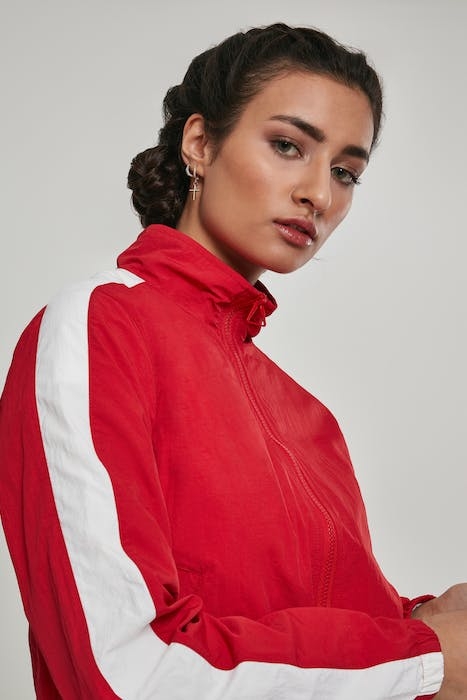 LADIES SHORT STRIPED CRINKLE TRACK JACKET RED/WHT 5