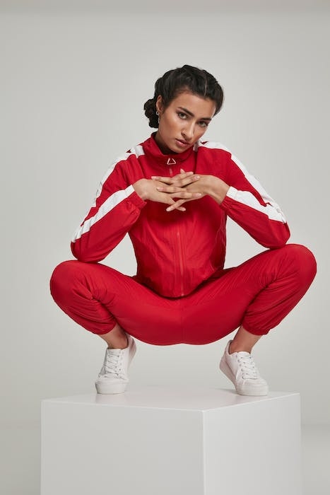 LADIES SHORT STRIPED CRINKLE TRACK JACKET RED/WHT 8