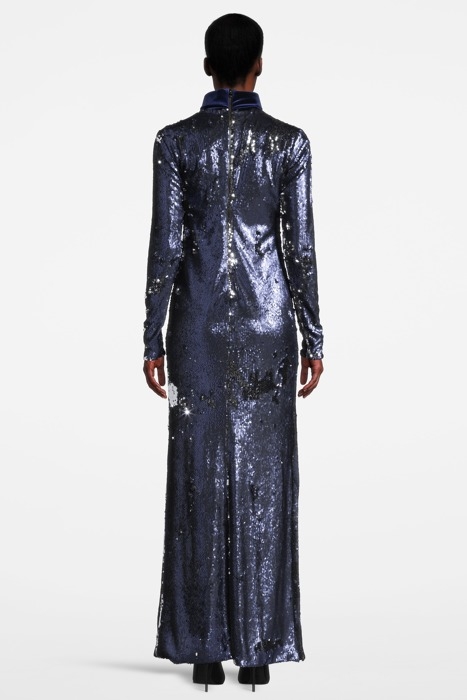 WOMEN‘S MAXI SEQUIN DRESS WITH HIGH COLLAR NAVY, SILVER 2
