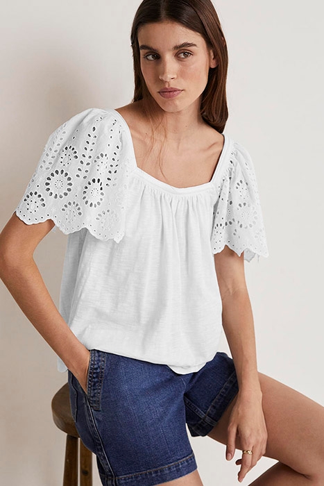SQUARE NECK WOVEN SLEEVE TOP WHT 1
