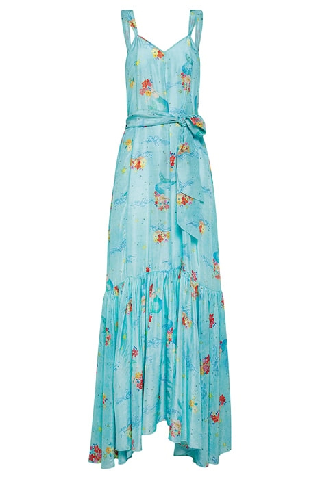 "THE MERMAIDS SONG" PRINT HABOTAI SILK STRAPS DRESS ACQUA 1