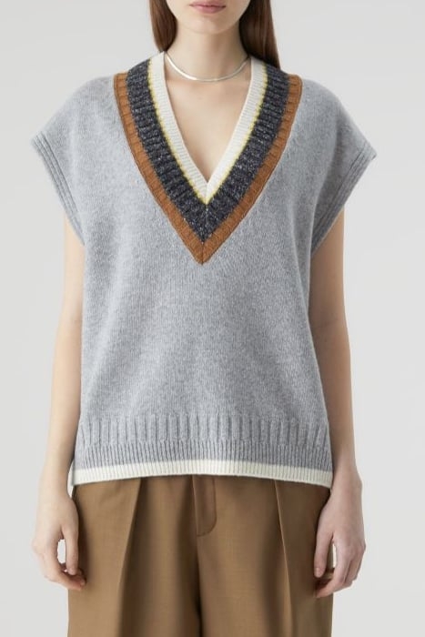 V VEST WITH STRIPED NECK KNITS GREY HEATHER MELANGE 1