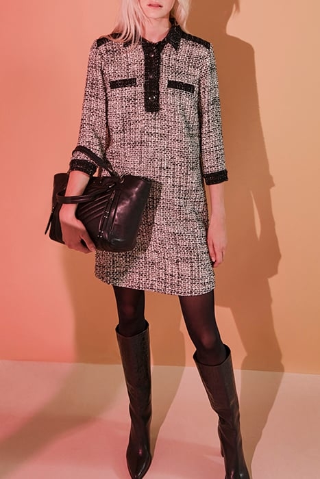 BLACK AND WHITE FRINGED TWEED SHIRT DRESS 6