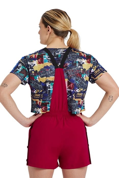 WOMEN'S ARENA ICONS ROMPER SOLID BURGUNDY NEON BLUE BUTTER 3