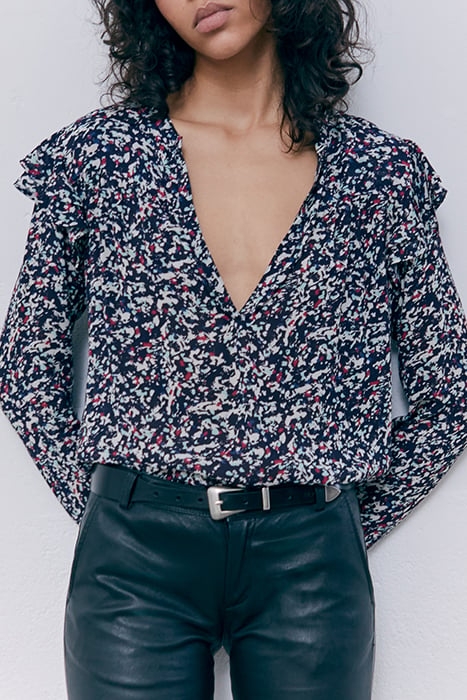 NAVY TACHIST PRINT BLOUSE WITH RUFFLED SHOULDERS 1