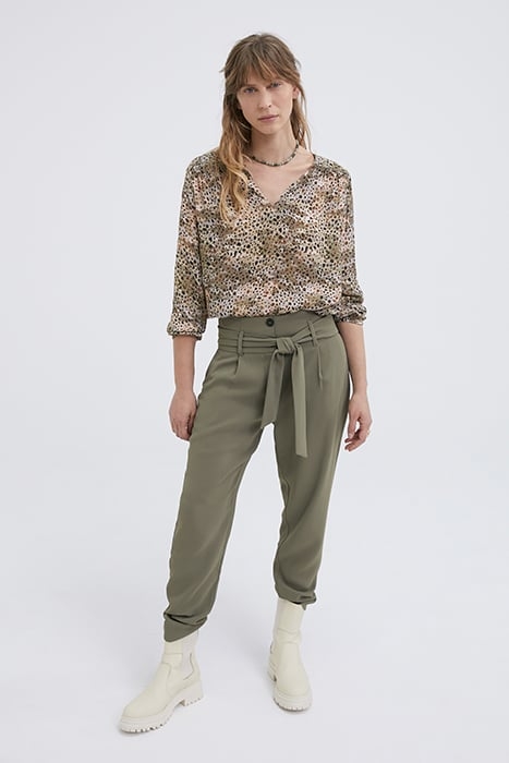 KHAKI BELTED HIGH-WAIST STRAIGHT TROUSERS 3