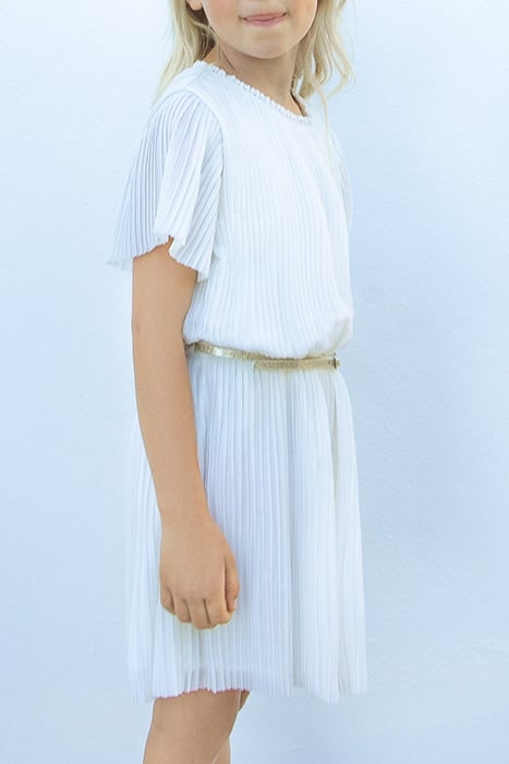 GIRLS’ WHITE GLITTERY PLEATED DRESS WITH GOLD WAISTBAND 2