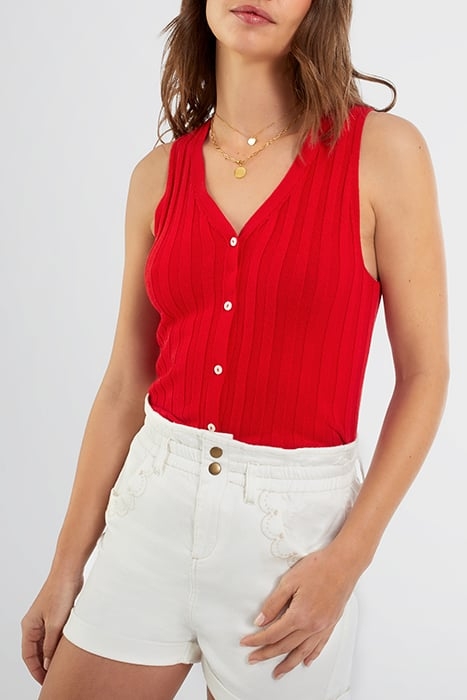CHERRY RIBBED KNIT SLEEVELESS CARDIGAN 4