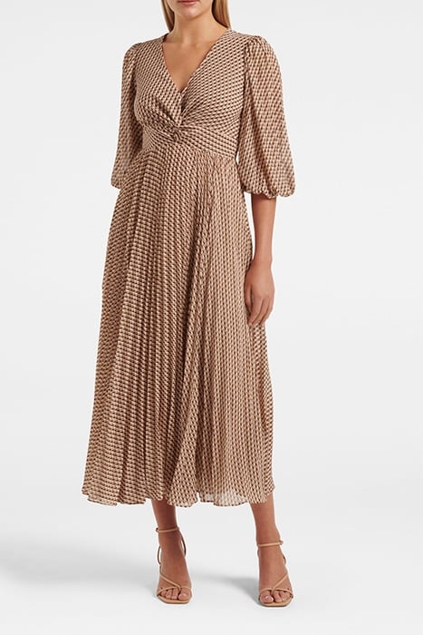VIVIANA TWIST FRONT PLEATED MIDI DRESS CAMEL TILE GEO 1