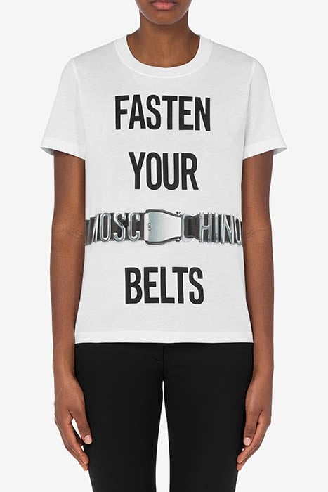 FASTEN YOUR BELTS ORGANIC JERSEY T-SHIRT WHITE 1