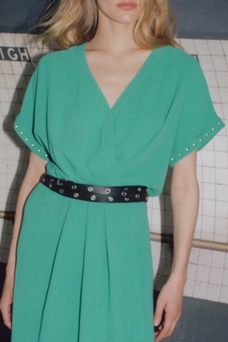 GREEN WRAP DRESS WITH STUDDED SLEEVES 7