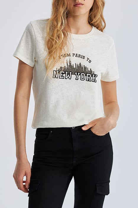 IVORY COTTON AND LINEN BLEND SLOGAN T-SHIRT 1