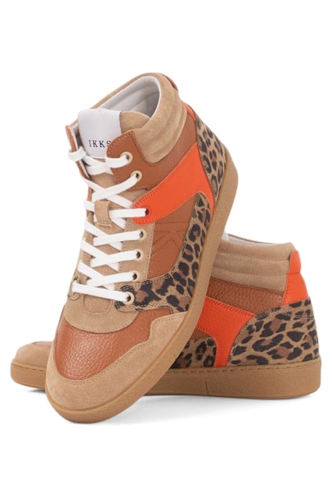 BEIGE, ORANGE AND LEOPARD LEATHER MIX TRAINERS 4