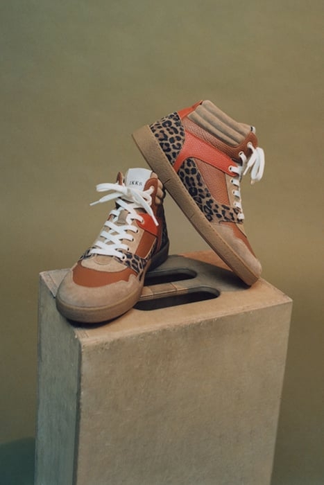 BEIGE, ORANGE AND LEOPARD LEATHER MIX TRAINERS 7