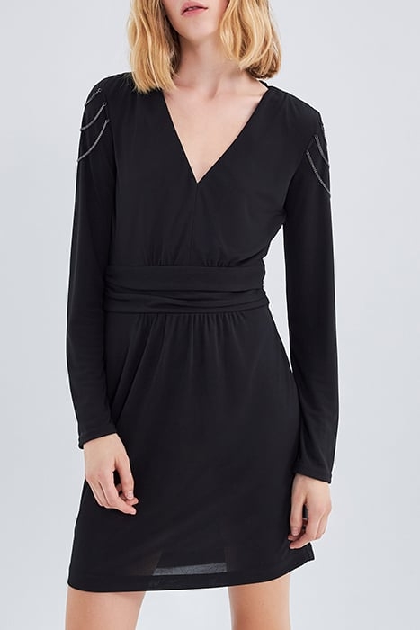 WOMEN'S SHORT BLACK BELTED V-NECK DRESS 1