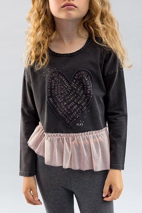 GIRLS’ GREY MIXED-FABRIC T-SHIRT WITH TULLE 1